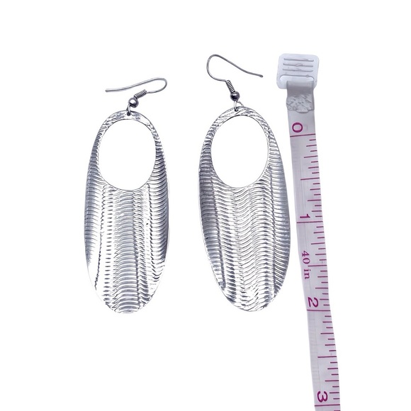Sterling Silver Wave Pattern Oval Dangle Earrings – French Hook – 2" Length - Picture 1 of 8